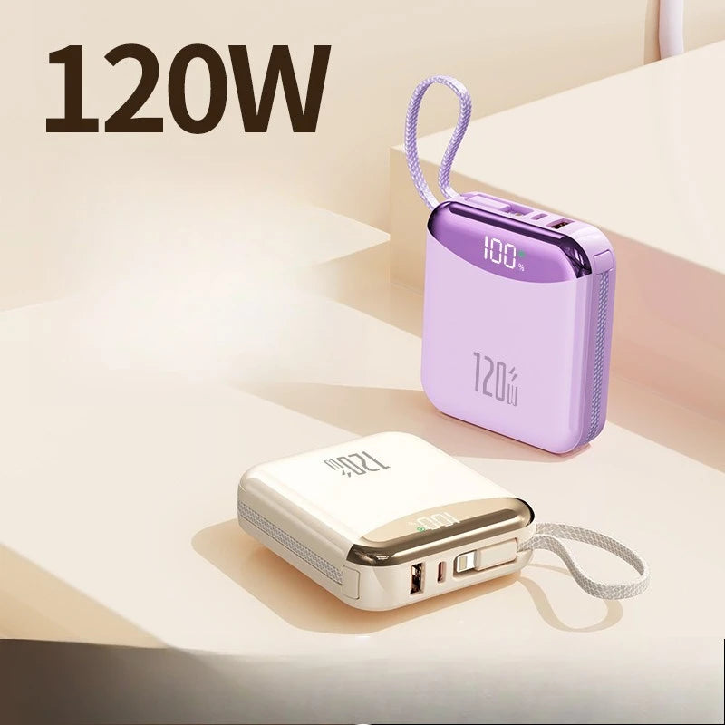 Mini Portable 120W Power Bank 20000mAh Built-in Cable Digital Display Super Fast Charging External Battery Powerbank