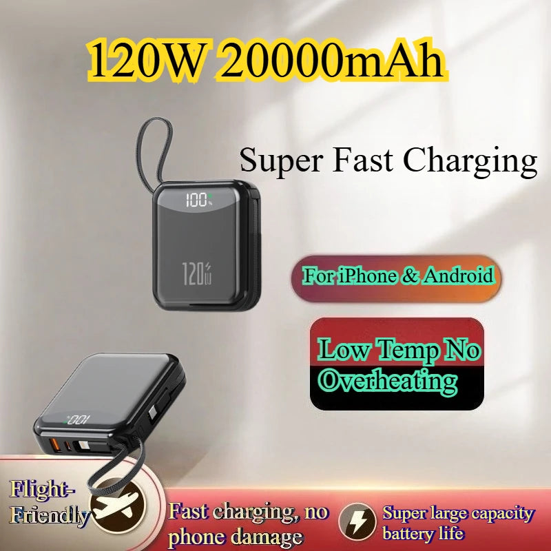 Mini Portable 120W Power Bank 20000mAh Built-in Cable Digital Display Super Fast Charging External Battery Powerbank