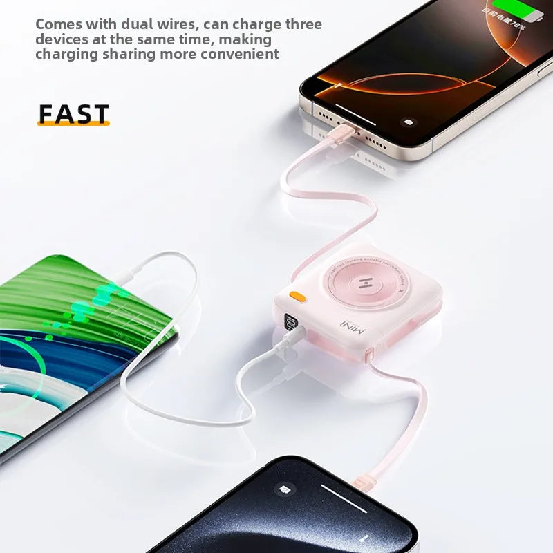 Mini Power Bank Built-in 2 Cables 22.5W Fast Charging Digital Display Portable Charger with Lanyard Powerbank External Battery