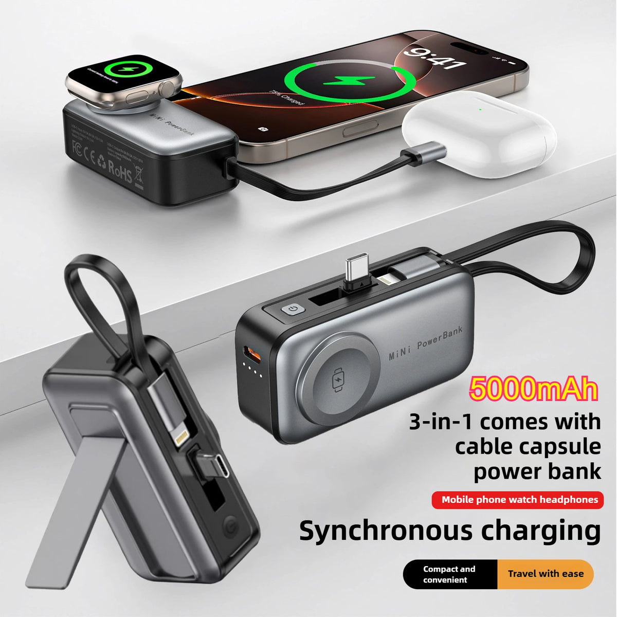 Mini Magnetic Power Bank 5000mAh with Bracket Digital Display Portable External Battery for Iphone Xiaomi Watch Earphone Phone