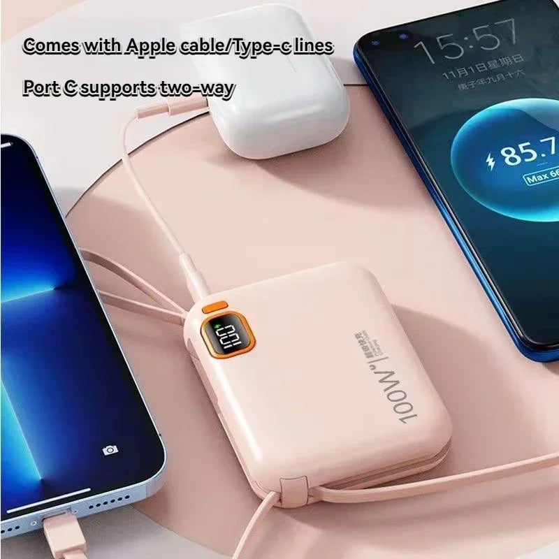 Portable Mini Power Bank, 66W, 20000mAh, Built-in Cable, PD20, Super Fast Charging, Compact, New