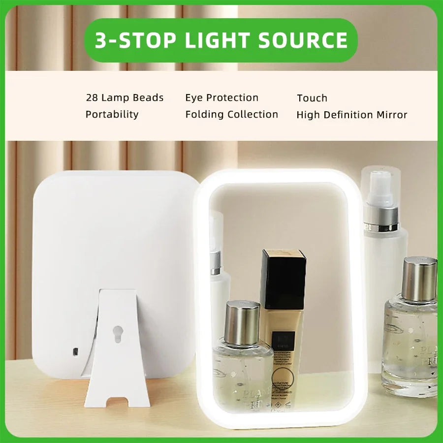 LED Touch Screen Makeup Mirror Folding Mirror Lighted Makeup Mirror 3 Colors Light Modes USB Rechargeable Cosmetic Mirror Tools
