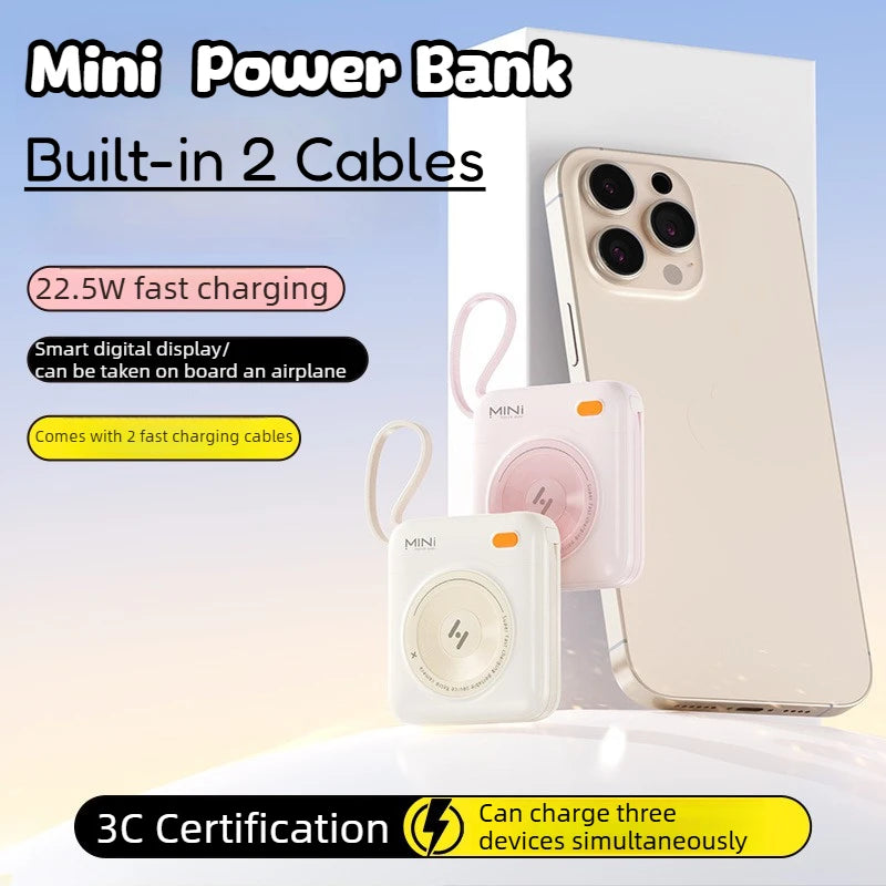 Mini Power Bank Built-in 2 Cables 22.5W Fast Charging Digital Display Portable Charger with Lanyard Powerbank External Battery