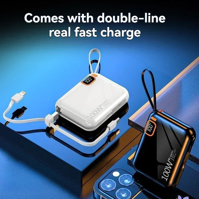 Portable Mini Power Bank, 66W, 20000mAh, Built-in Cable, PD20, Super Fast Charging, Compact, New