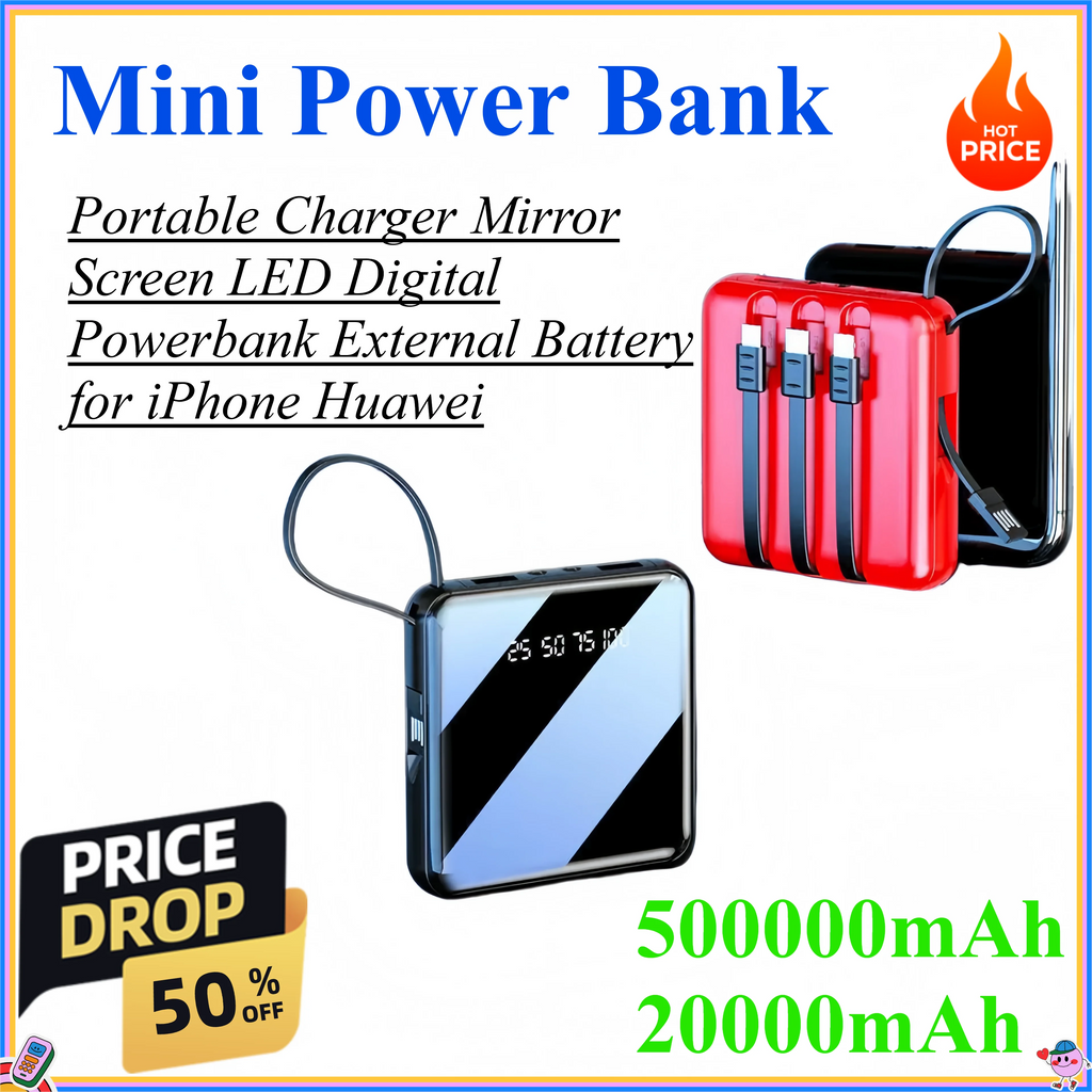Mini 500000mAh 20000mAh Power Bank Portable Charger Mirror Screen LED Digital Powerbank External Battery for iPhone Huawei