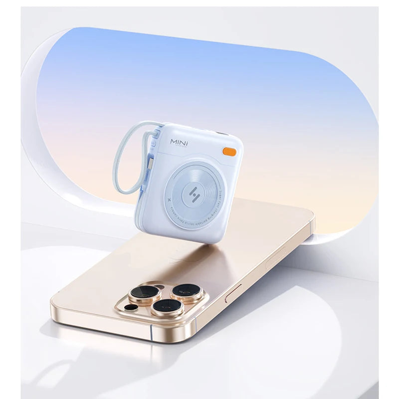 Mini Power Bank Built-in 2 Cables 22.5W Fast Charging Digital Display Portable Charger with Lanyard Powerbank External Battery
