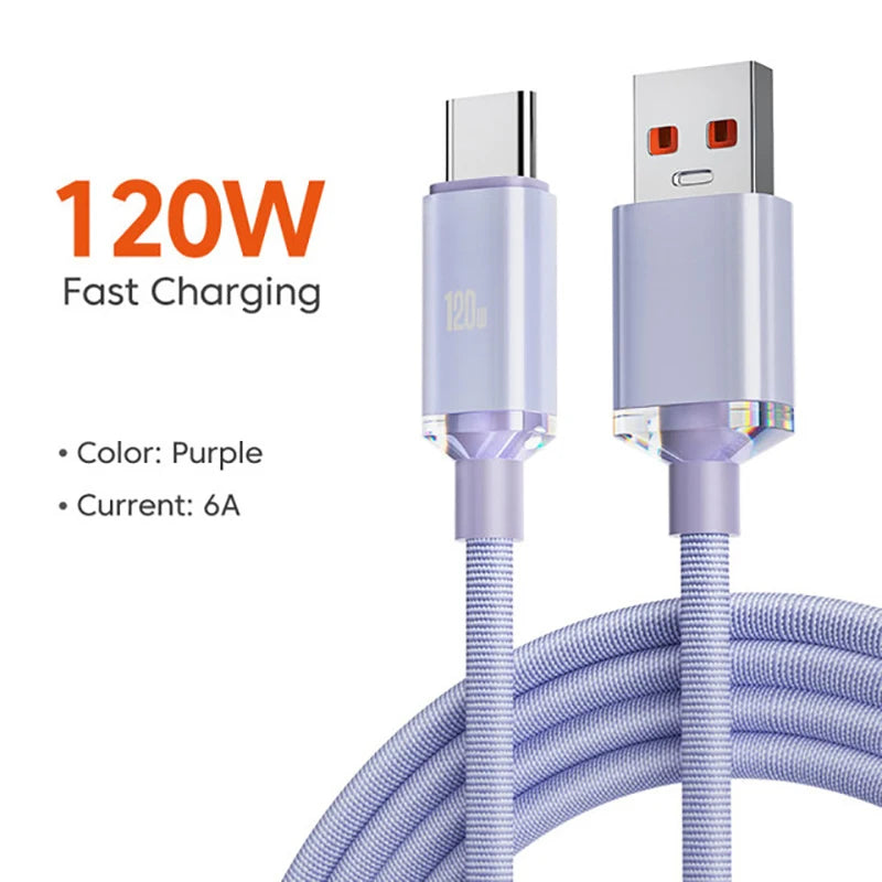 120W USB C Fast Charging Cable 0.25M/1M/1.5M/2M Quick Charge 6A Super Fast Cahrger for Samsung Xiaomi Huawei Type C Cable